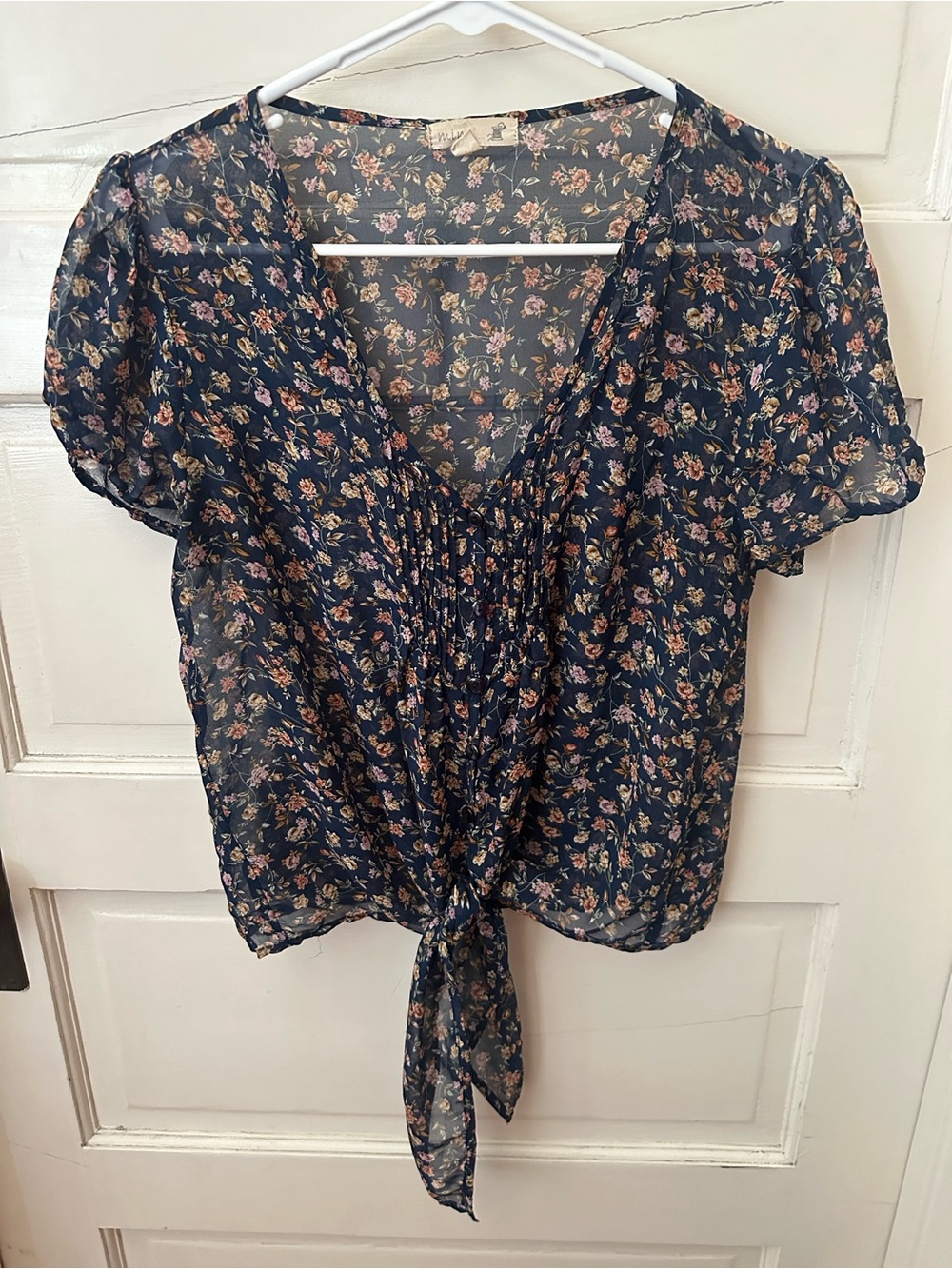 Floral Tie-Front V-Neck Sheer Short Sleeve Button Up Flowy Navy Blue Blouse